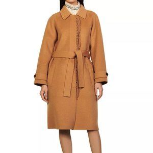 SANDRO Luciale Fringe-embellished Wool Coat In Camel
